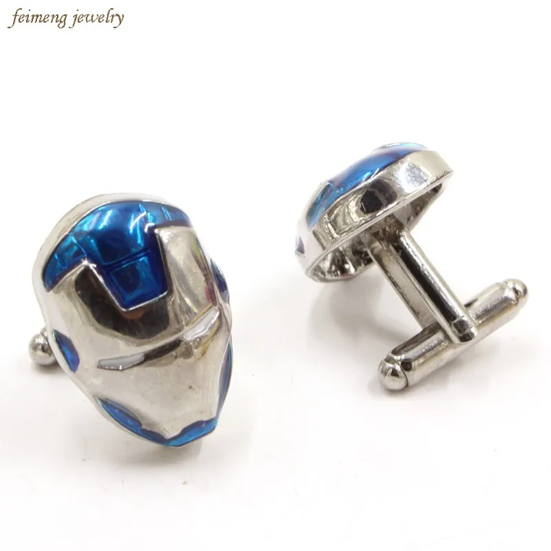 

The Avengers Superhero War Machine Cuff Links Iron Man Mask Shirt Brand Cuff Buttons Blue Enamel Metal Cufflinks For Mens Gifts