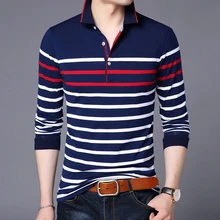 Новая модная брендовая мужская рубашка поло в полоску с длинным рукавом из мерсеризованного хлопка, приталенная повседневная мужская одежда