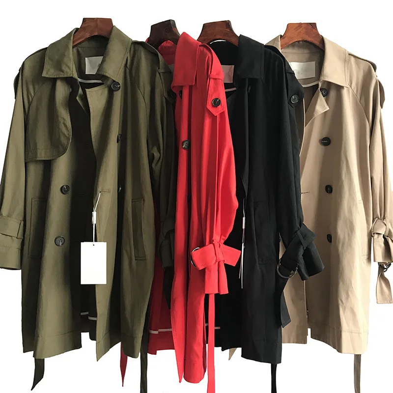 

Cotton BLEND trench Double Breasted Waist Belt Long Sleeves Cuffs with Belt Fashion Woman Coat
