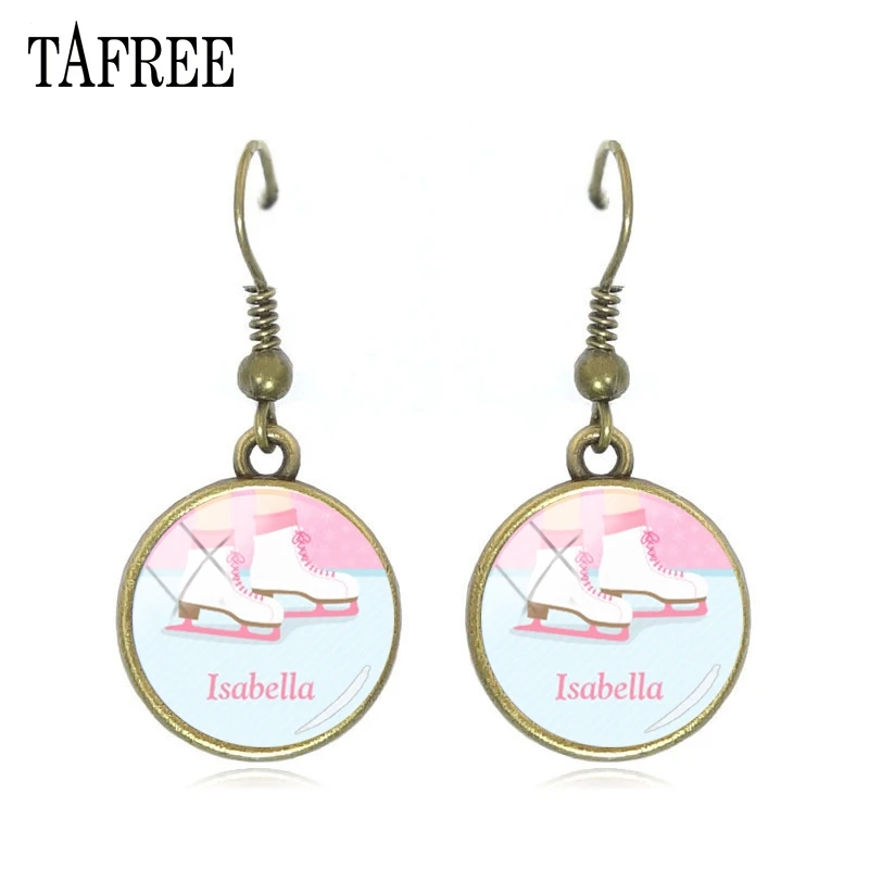

TAFREE Vintage antique bronze Drop Earrings fashion ice skating art picture dangle earrings glass round jewelry ST45