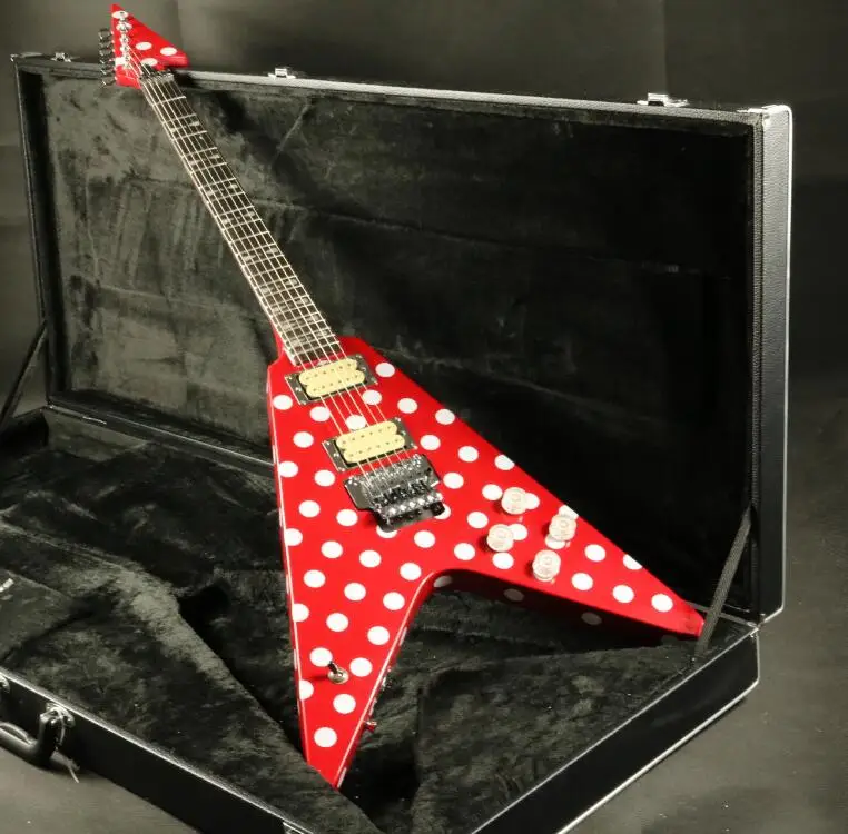 

Hot Sell Flying Randy Rhoads Electric Guitar Floyd Rose Bridge Handmade Painting Red Body White Dots Metal Pickup Rings