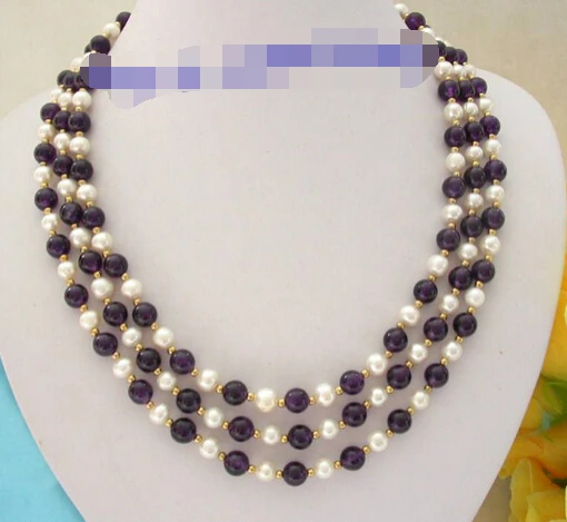 

Jewelr 005182 stunning 3rows 8mm round white freshwater pearls amethyst necklace