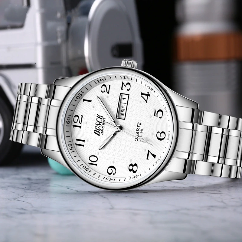 Роскошные мужские часы BOSCK со стальным календарем, водонепроницаемые светящиеся цифры, Классические деловые кварцевые наручные часы, мужские часы