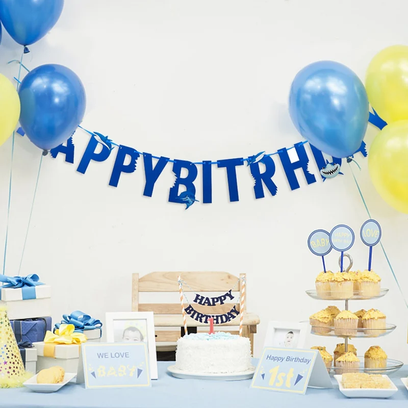 

1 Set Cartoon Shark Birthday Banner Pull Flags Decoration Shark Party Happy Birthday Banners Party Kid Party Diy Decor Supplies