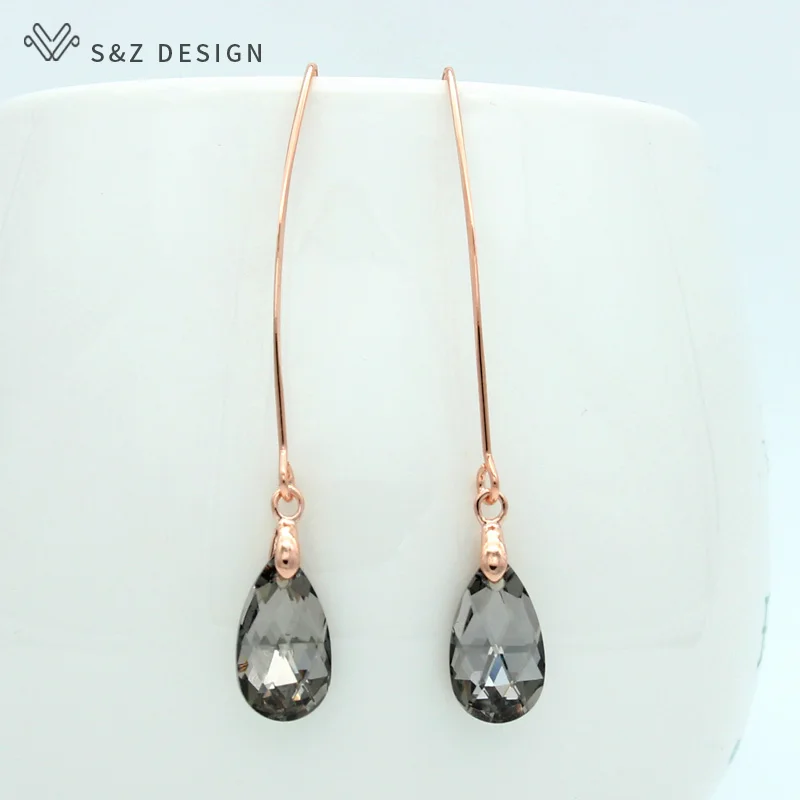S&Z DESIGN New Fashion 585 Rose Gold Color Crystal Water Drop Dangle Earrings For Women Party Jewelry Gift Long Ear Hook