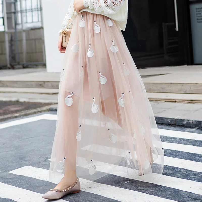 

Romantic Pink Pastel Dot Mesh Overlay Flare Long Length Skirt Lady Spring Casual A-Line Morden Lady Mid Waist Midi Skirt