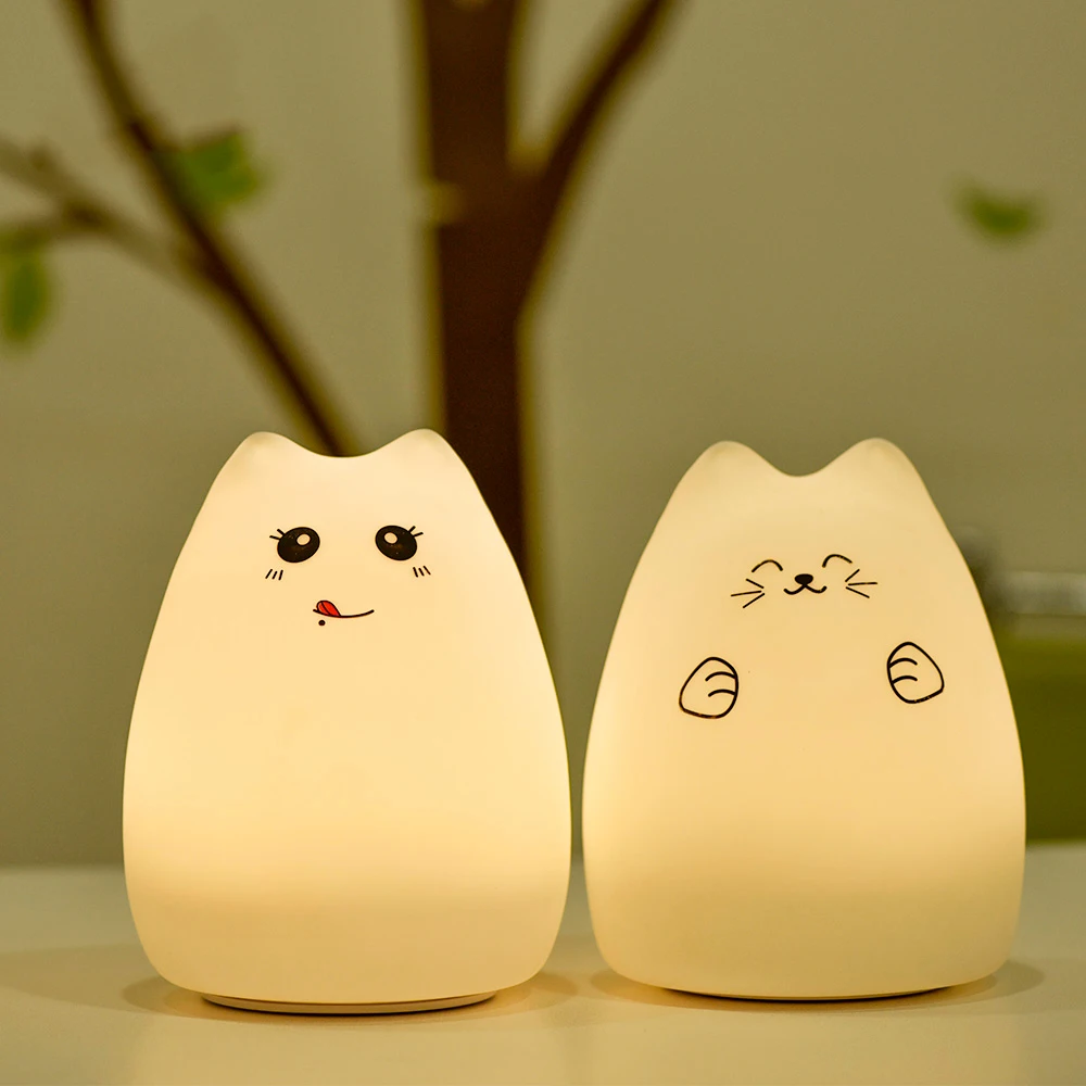 Cartoon Silicone Cat LED Night Light Touch Sensor Colorful USB Rechargeable Bedroom Bedside Lamp for Children Kids Baby Toy Gift