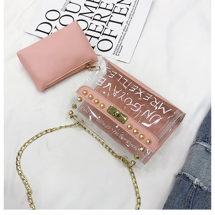 Womens Candy Color PVC Transparent Crossbody Bag 2pcs sets Rivets Letter Print Messenger Bags Fashion Girls Clear Chain Tote bag (2) - 