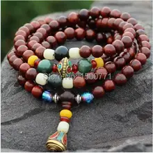 Индия очаговая красного сандалового дерева 108 тибетских четки браслет Открытие Многослойные браслеты Мужчины Дамы подарок