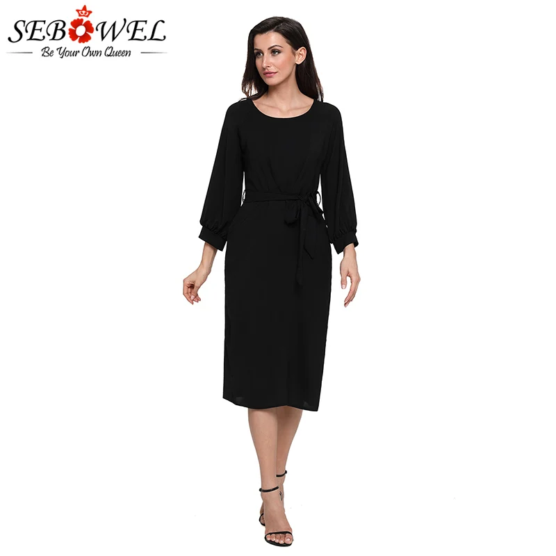 Black-Puff-Sleeve-Belt-Chiffon-Pencil-Dress-LC61691-2-6 