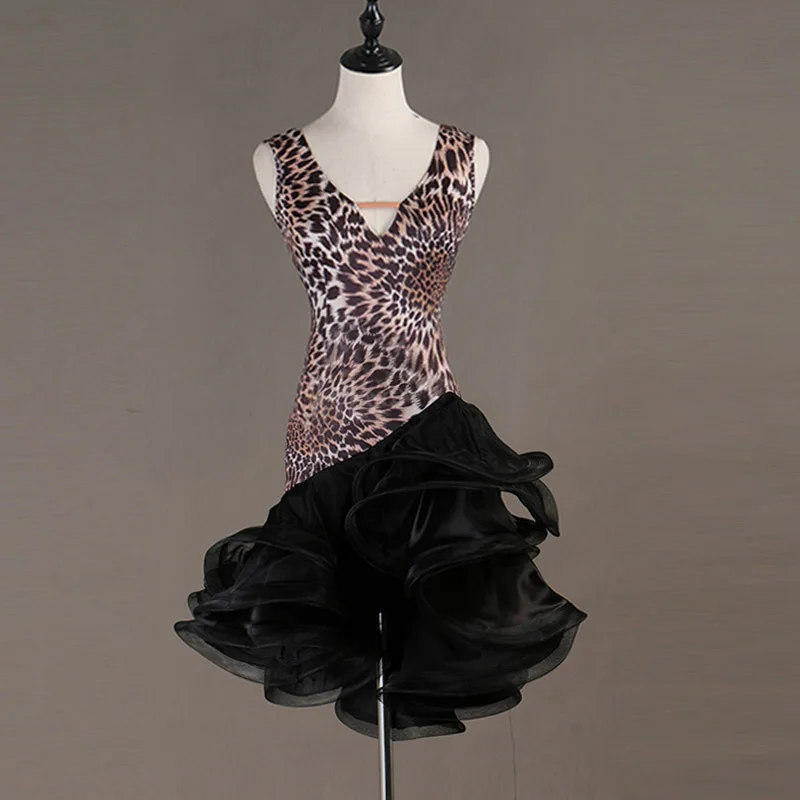 Костюм для латинских танцев леопардовое платье с сексуальным v-образным вырезом Женская одежда для латинских танцев профессиональная одежда для выступлений DQL235 - Цвет: Black