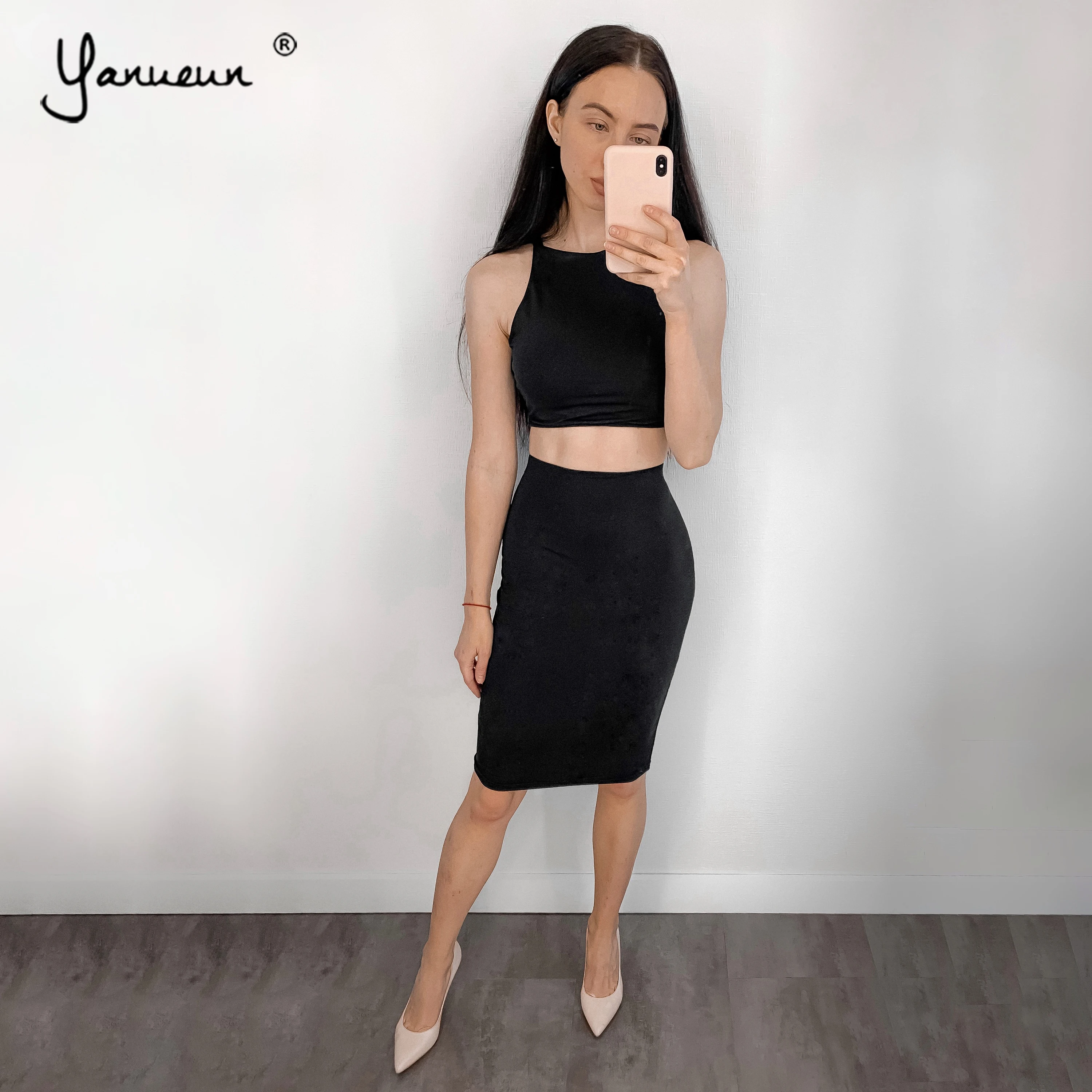 

Yanueun Sexy Dress Sleeveless Set Dresses Solid Knee-Length Bodycon Summer Hot Sale High Street Womens Clothing