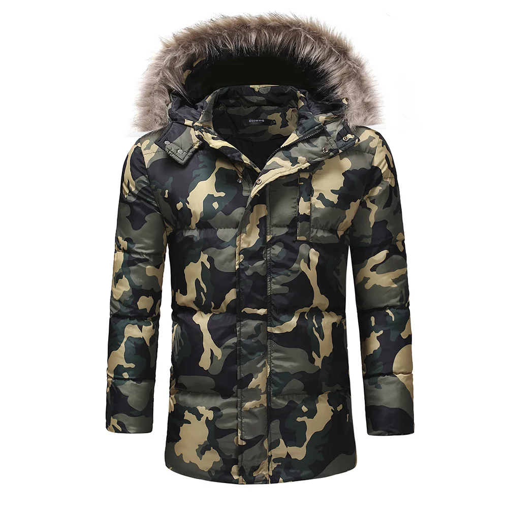 Мужская мода средней длины, зимнее свободное уплотненное пуховое хлопковое камуфляжное повседневное пальто на молнии, куртка