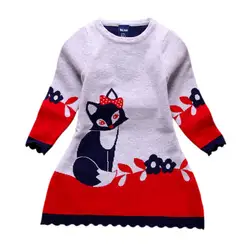 2017 осень-зима с длинными рукавами Дети Fox Костюмы Теплое платье-свитер с рисунком лисы для девочек 2 до 8 лет H3 A