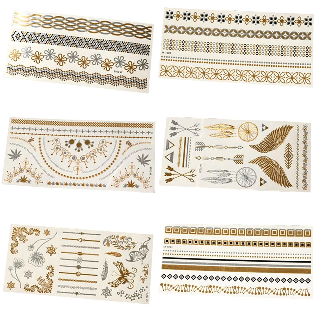 6 Pcs Glitter Temporary Tattoos Waterproof Tattoo Stickers Body Art Glitter Gold Silver Temporary Tattoos Pattern