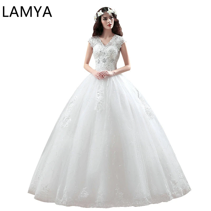 

LAMYA Elegant Crystal Bridal Wedding Dress Lace Bottom Appliques V Neck Lace Gown Women Fashionable Robe de mariage