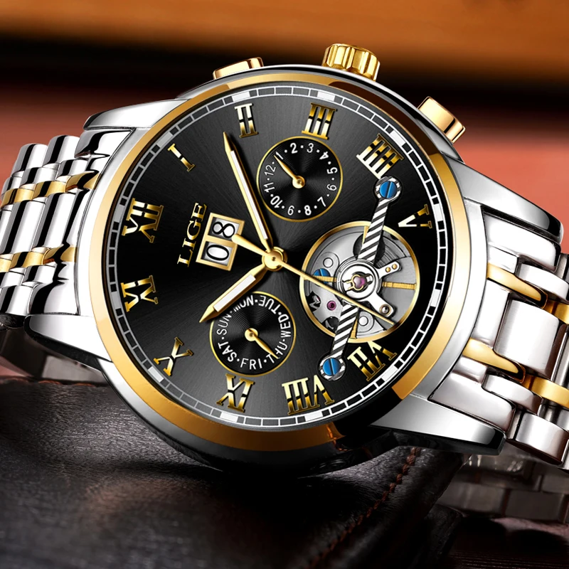 LIGE Mens Watches Top Luxury Brand Automatic Mechanical Watch Men Full Steel Business Waterproof Sport Watches Relogio Masculino
