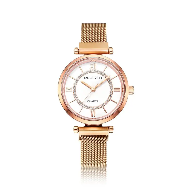 REBIRTH женские часы Стразы для женщин браслет часы для дам Наручные часы Простой бизнес Montre Femme Relogio Feminino - Цвет: Rose Gold