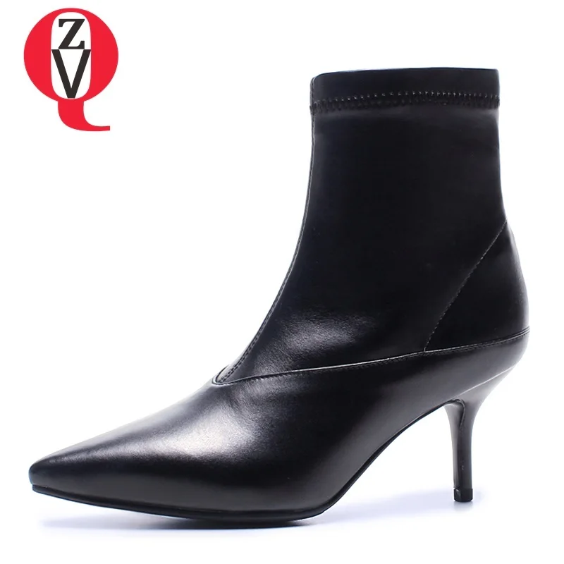 

ZVQ shoes women 2018 newest hot sale genuine leather high thin heels pointed toe zipper women plush winter concise ankle boots
