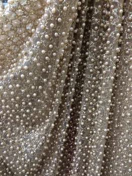 

Newest ZH-1291 african glued glitter tulle mesh fabric with beads glued glitter sequins lace fabric for party dress