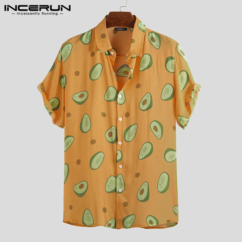 INCERUN Летняя мужская рубашка с принтом авокадо, воротник с отворотом, короткий рукав, повседневные топы, пляжные Гавайские рубашки, Мужская Уличная одежда