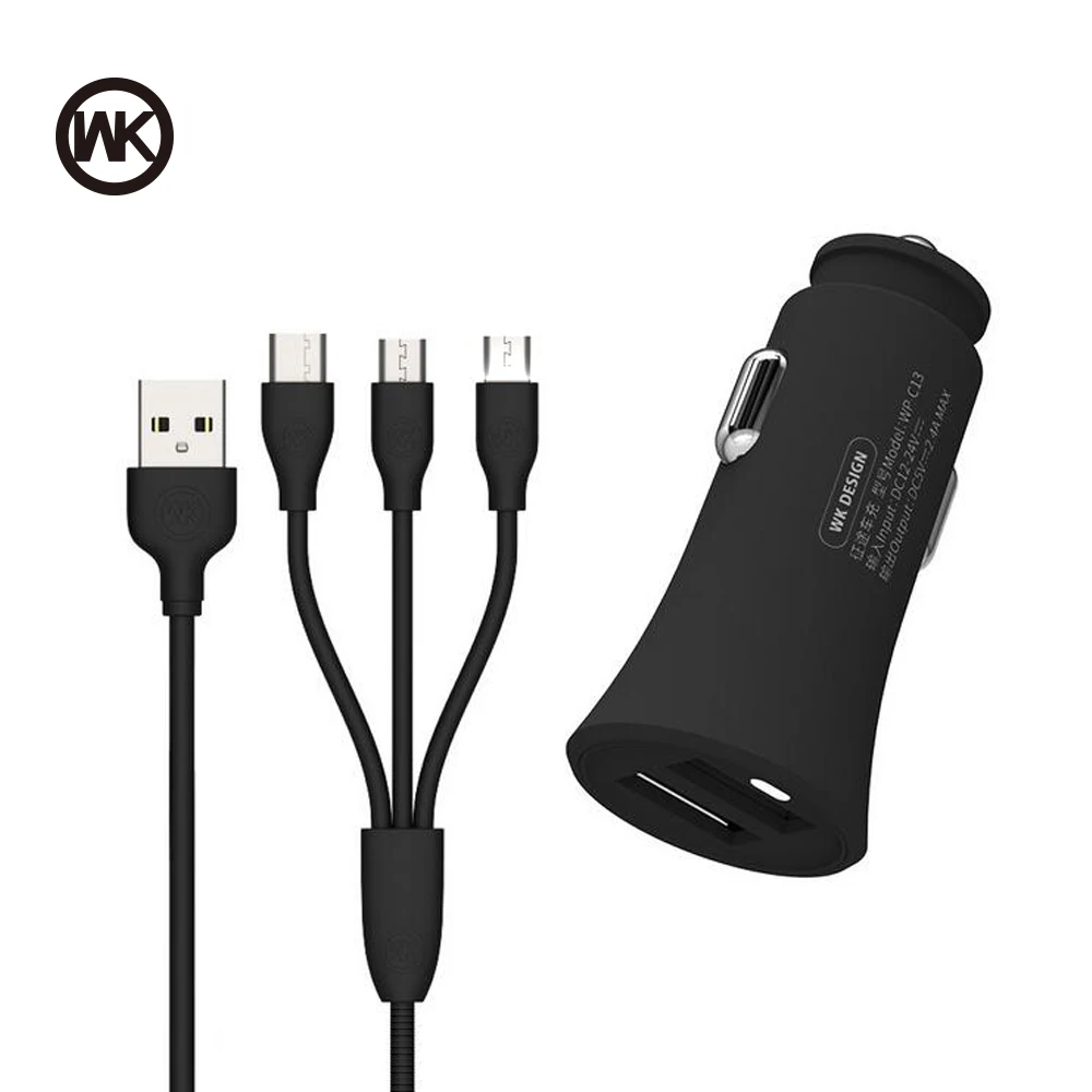 

WK Dual USB Car Charger Set 2.4A Mobile Phone Charger Fast Car USB Charging With 3in1 Data USB Cable For Samsung/Xiaomi/iPhone