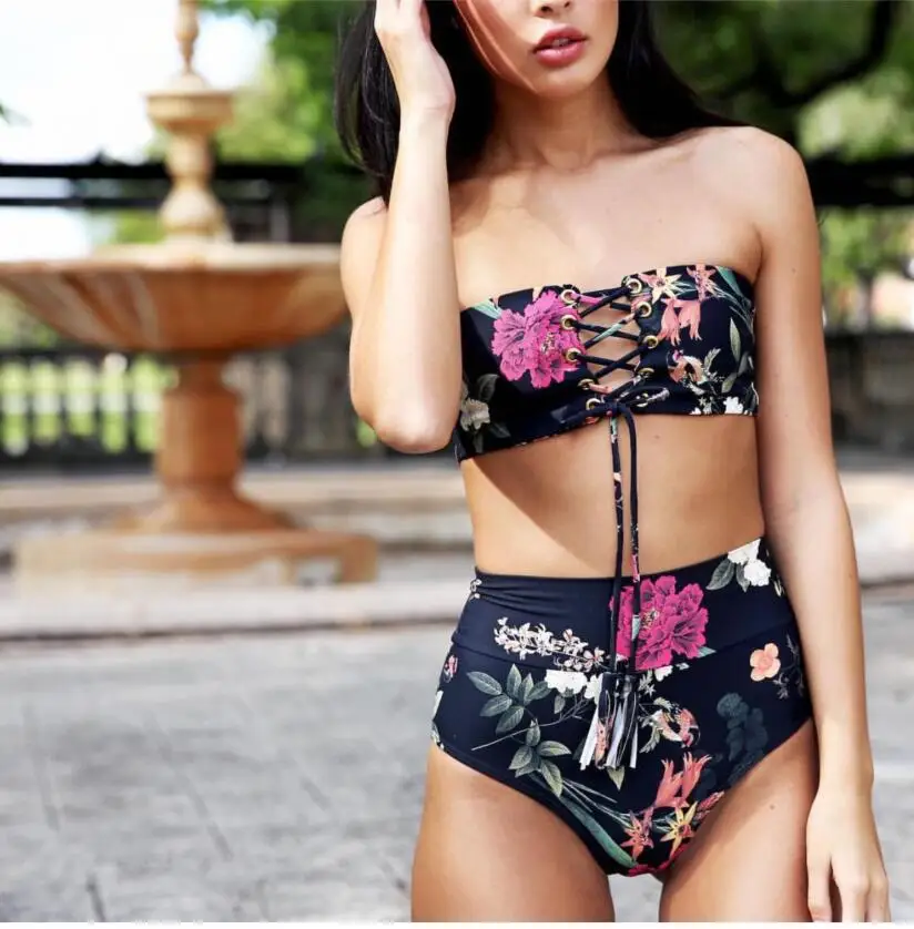 

Bandeau Bikini Set Strapless Floral Print Push Up Padded Swimming Beach Swimsuit High Waist Bikinis Women Swimwear Bathing Suit