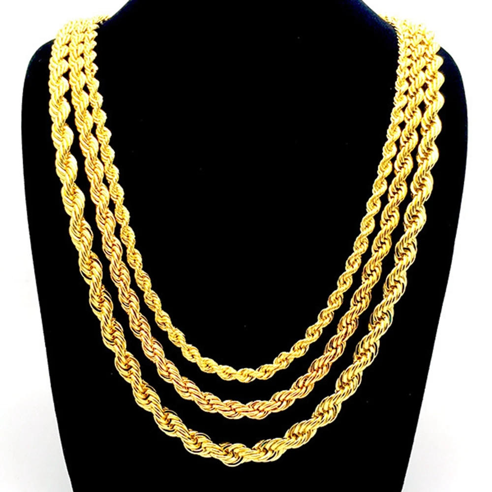 Lano řetízkový náhrdelník žluté zlato plněné kroucené řetězy uzlů 3 mm, 5 mm, 7 mm široké