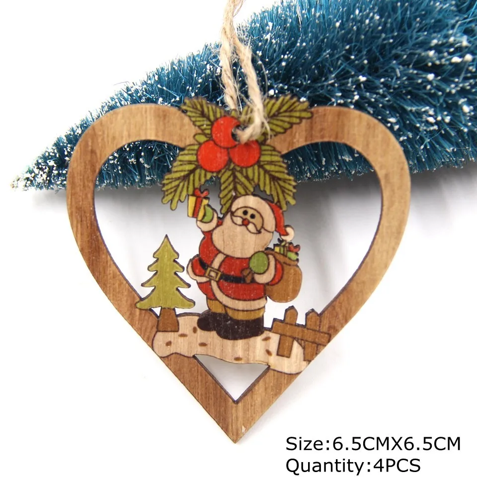 4PCS Star Printed Wooden Pendants Ornaments Xmas Tree Ornament DIY Wood Crafts Kids Gift for Home Christmas Party Decorations - Цвет: 4PCS Heart Santa