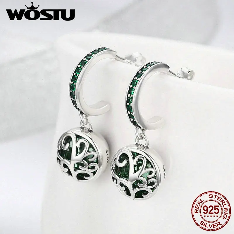 

WOSTU Spring New 100% 925 Sterling Silver Green Crystal Tree of Life Tree Leaves Drop Earrings for Women Fashion Jewelry DXE280