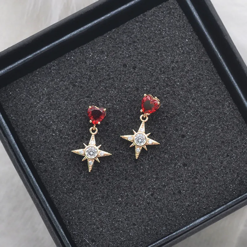 

Fashion Red Rhinestone Love Heart Shiny Star Pendant Drop Earrings New Design Korean Sweet Ear Jewelry Brincos For Women 5B1016