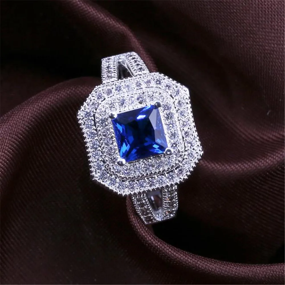 

YKNRBPH Fashion Top Jewelry Square Blue Semi-precious Stone Micro-inlaid Zircon Rings Ladie's Engagement Ring