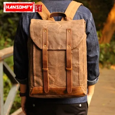 Retro Men Shoulder Bag Laptop Backpack Oil Wax Canvas with Crazy Horse Leather Computer B Personality Men's ' S Inch Solid | Багаж и