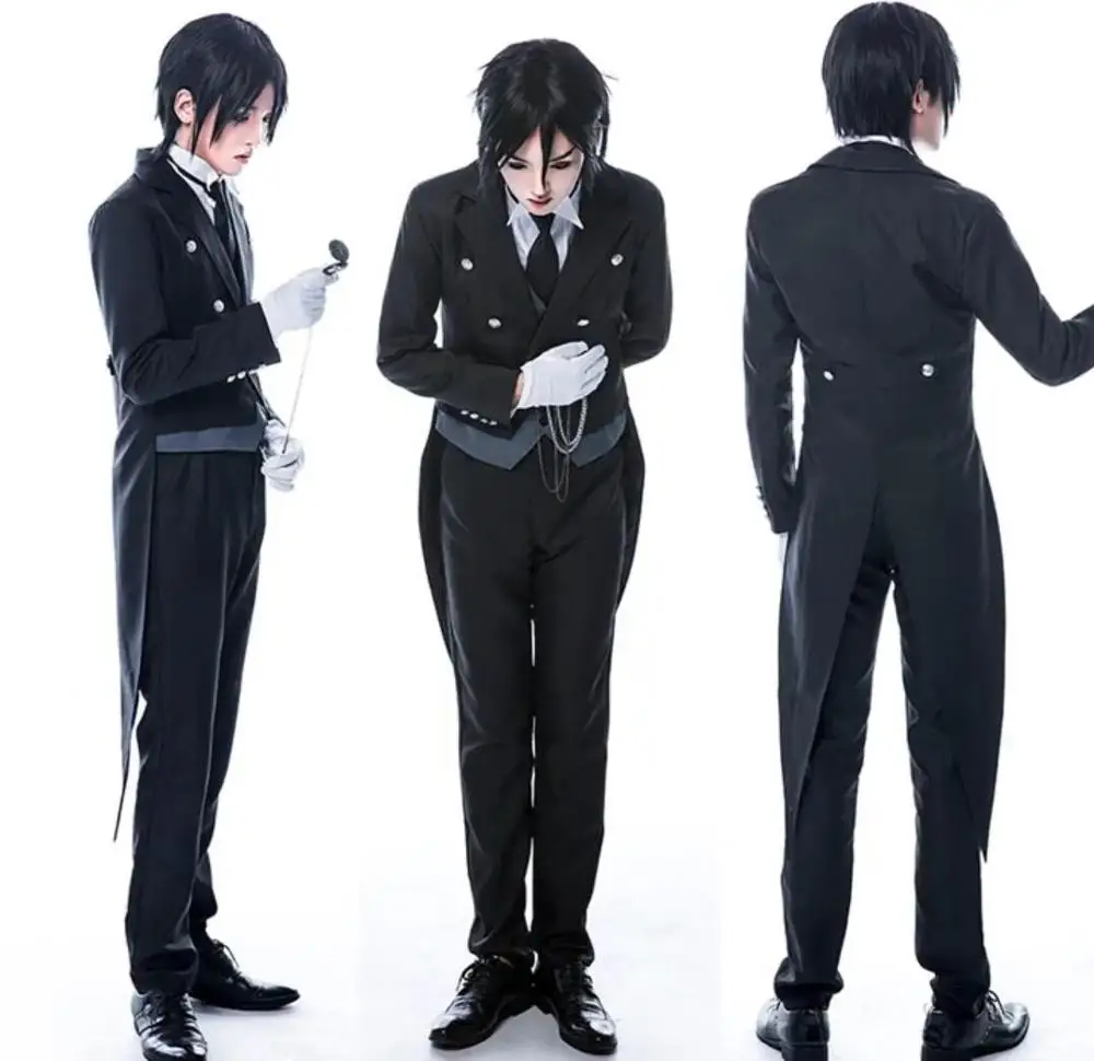 Anime Black Butler Sebastian Michaelis Cosplay Kostuum Zwart Uniform Outfit + Zakhorloge + Broche Halloween Kostuums voor Vrouwen/ mannen Anime Black Butler Sebastian Michaelis Cosplay Kostuum Zwart Uniform Outfit + Zakhorloge + Broche Halloween Kostuums voor Vrouwen/ mannen