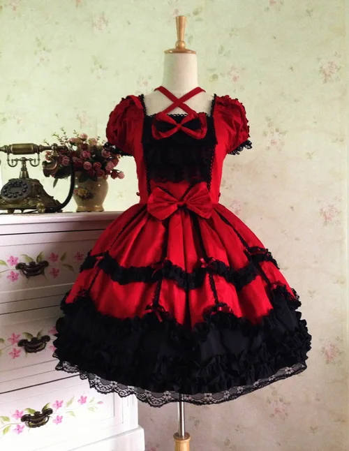 Кружевное готическое платье лолиты с коротким рукавом на заказ большого размера L42 - Цвет: Burgundy and black