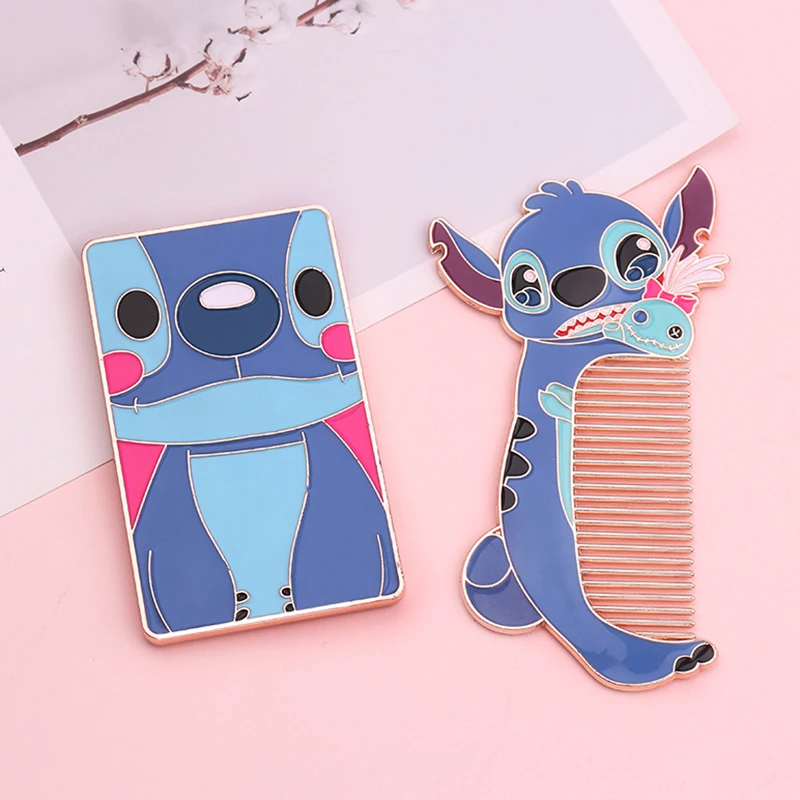 

Kawaii Anime Lilo And Stitch Makeup Mirror Comb Cartoon Cosmetic Mirror Compact Pocket Beauty Tool Metal Comb as Present Gift