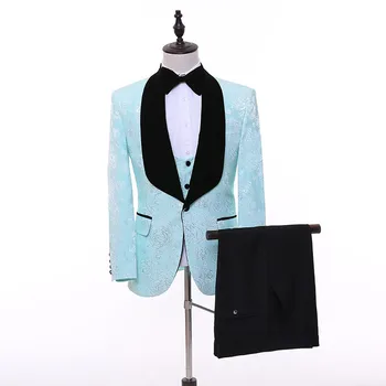 

Men's West Slim Fit Sky Blue Pattern Suit Three-Piece Set (Jacket + Pants + Vest) Business Casual Suit Wedding Banquet Dress