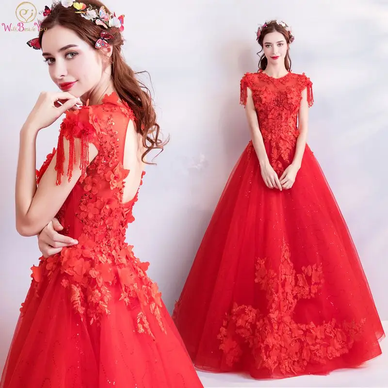 

Walk Beside You Red Prom Dresses O-neck Ball Gown Long Floor Length Cap Sleeves Lace Appliques Vestidos De Graduacion 2019