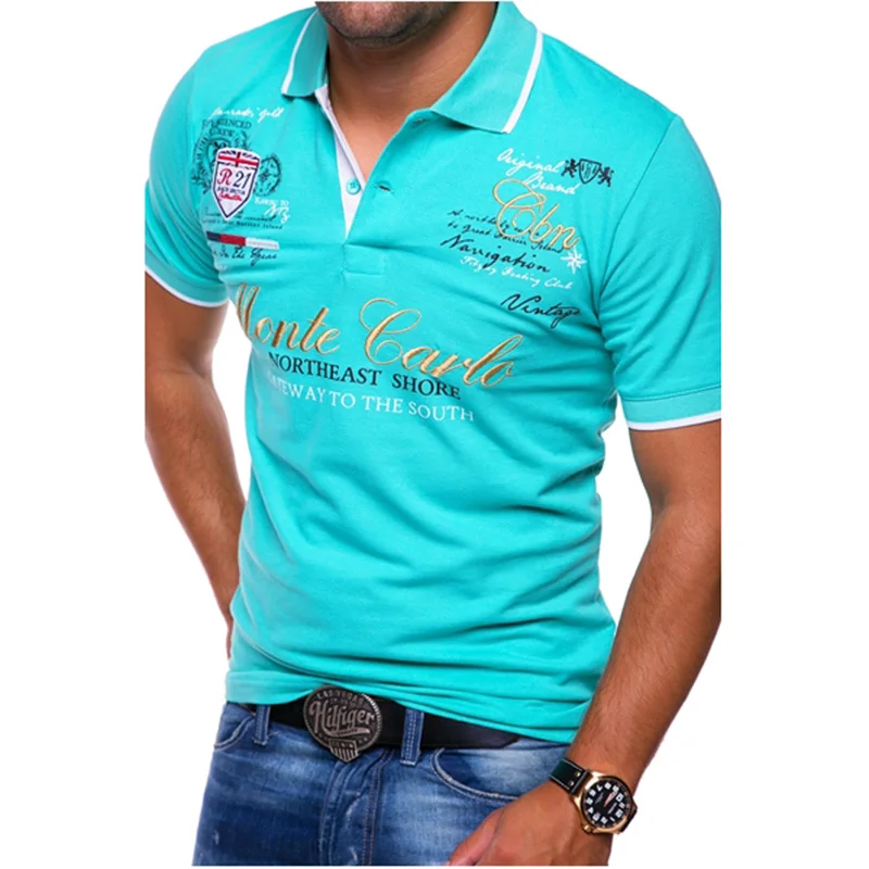 ZOGAA, бренд, мужская рубашка поло с коротким рукавом, модная повседневная с буквенным принтом, мужские рубашки поло, Para Hombre - Цвет: Небесно-голубой