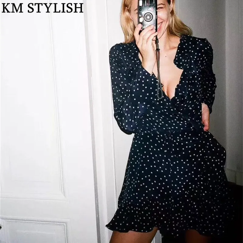 2019 Early Spring New Star Print Ruffled Women Black Dress Lotus Leaf Neckline Hem High Slim Retro One-piece Dress With Belt