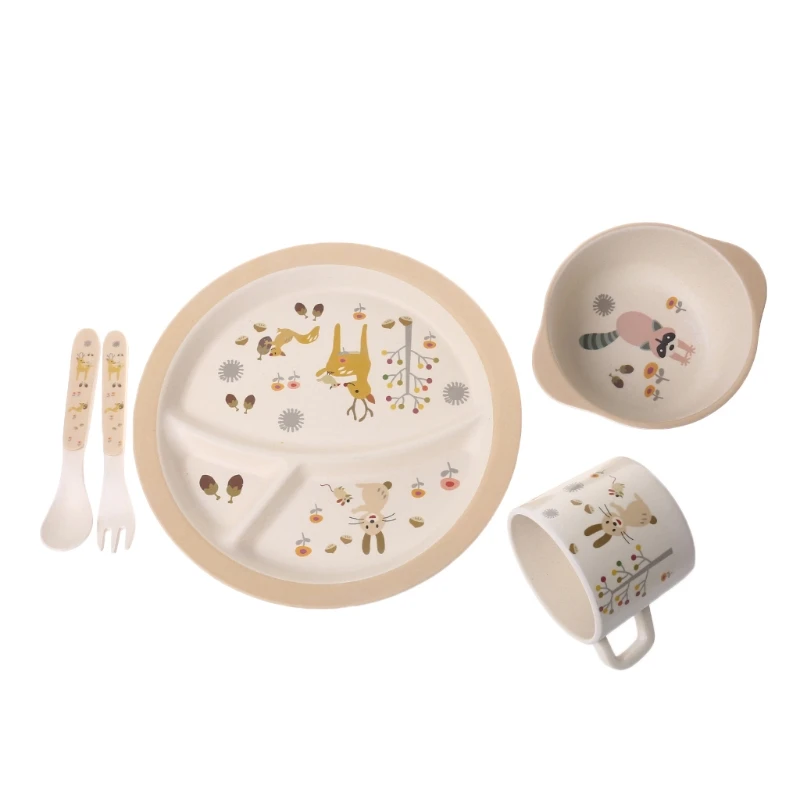 

5pcs Baby Feeding Bowl Plate Forks Spoon Cup Dinnerware Set Bamboo Tableware