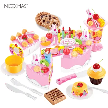 

75Pcs DIY Children Kitchen Toys Pretend Cutting Birthday Cake Fruit Cream Plastic Play Food Tea Set house Cookware Sets