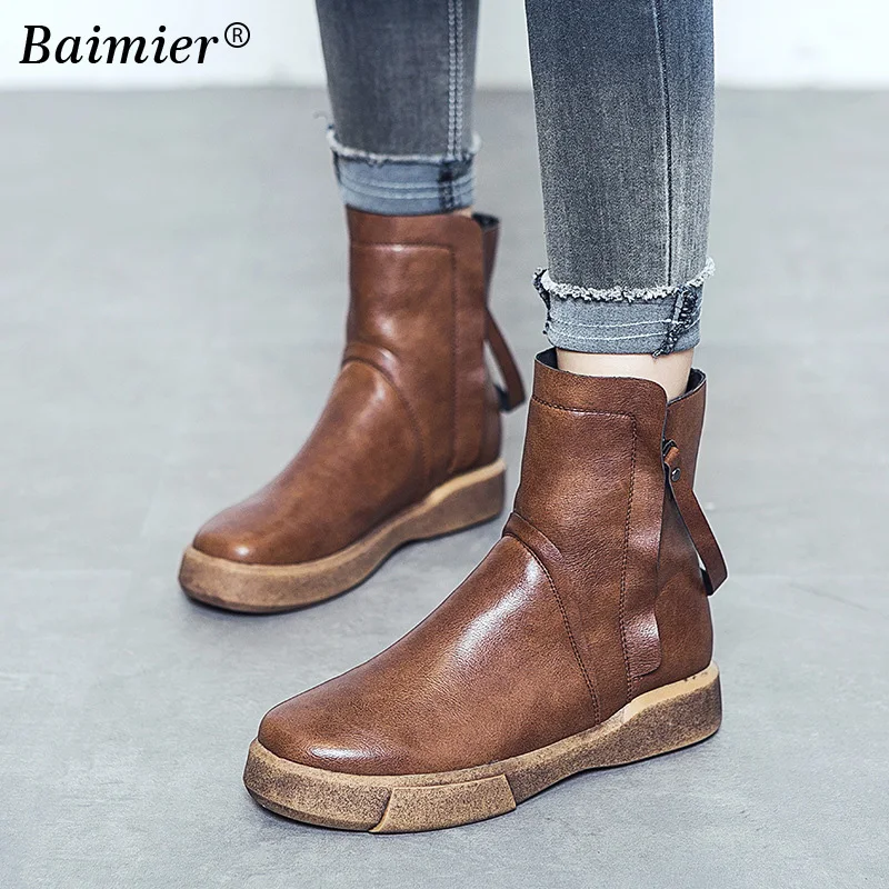 

2018 Retro Boots Women PU Leather Shoes For Winter Boots Shoes Woman Fashion Warm Plush Leather Botas Mujer Female Martin Boots