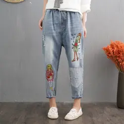 2019 с вышивкой в национальном стиле цветы мультфильм девушка джинсы для женщин женские эластичный пояс свободные отверстие джинсовые