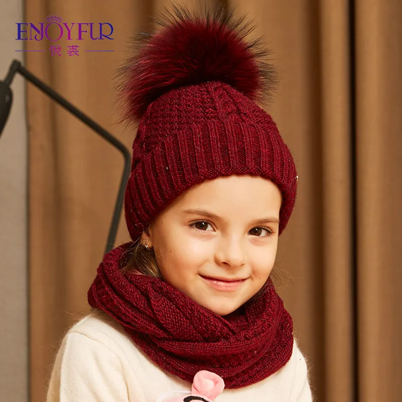 Шапка и шарф для мальчиков и девочек ENJOYFUR, детский теплый вязаный комплект из плотного хлопка, для зимы - Цвет: 18
