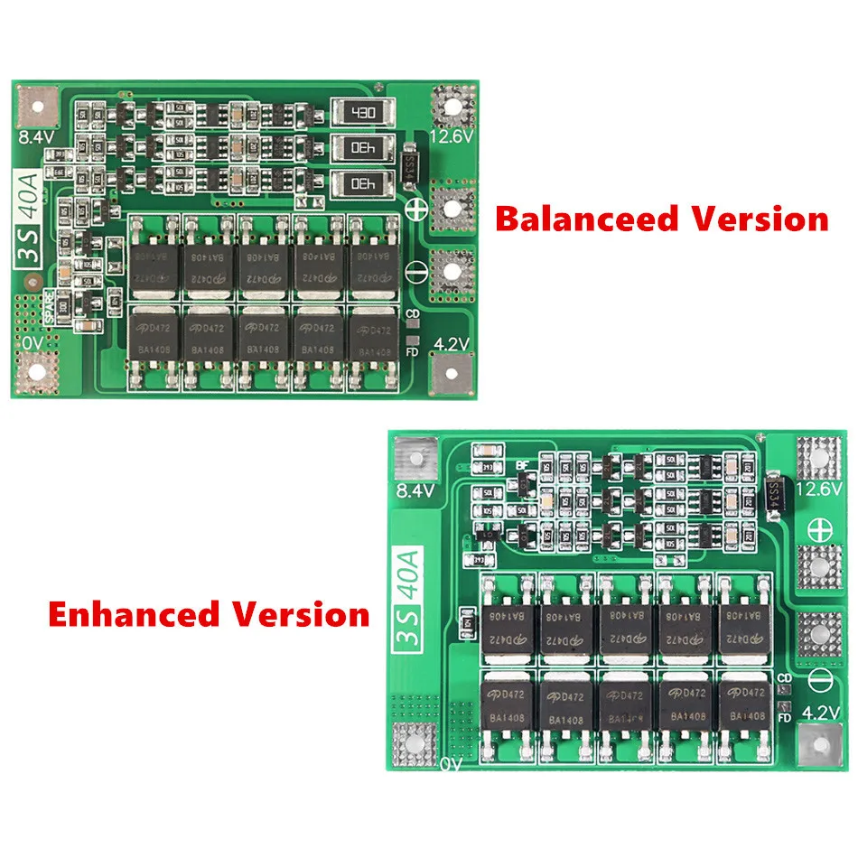 

Balanced/Enhanced 3S 40A 11.1V 12.6V Li-ion Lithium Battery Charger Protection PCB BMS Lipo Module for 40A Current Drill Motor