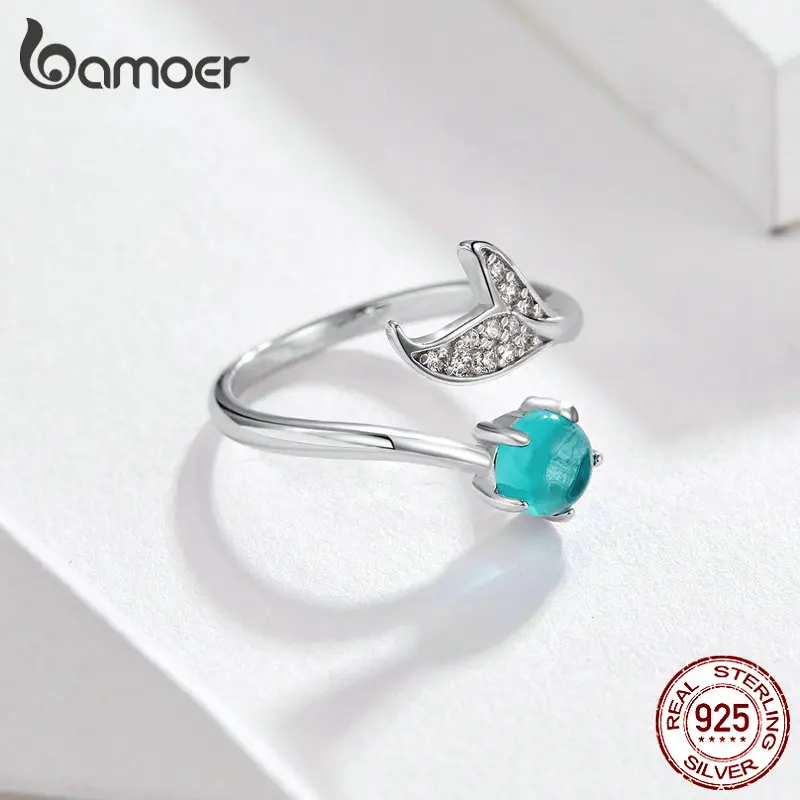 BAMOER, кольцо для дня рождения, с цветами, Русалка, с голубым камнем, штабелируемое кольцо-пузырь, 925 пробы, серебряные ювелирные изделия для женщин SCR515