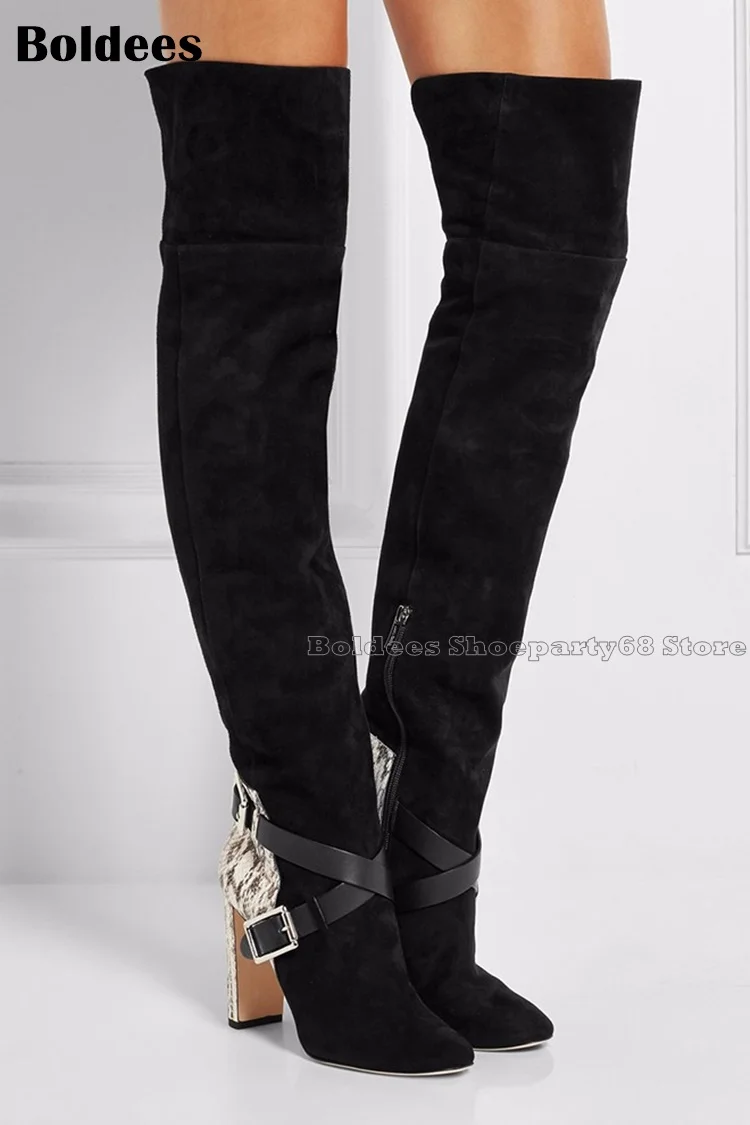 Мода змеиной кожи печатных пояса дизайнер Европа Ботфорты выше колена черного цвета женская зимняя обувь