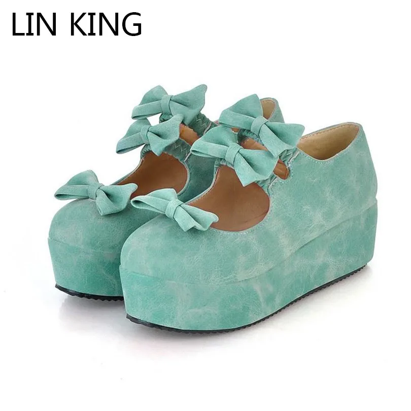 

LIN KING Womens Spring Autumn Shoes Female High Heel Platform Pumps Leisure Sweet Round Toe Buckle Butterfly Lady Lolita Shoes