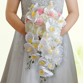 

Cascading Bride Bouquet White Phalaenopsis Orchid & Rose Bridal bouquet Skill Flower Teardrop Wedding Bouquet A0013